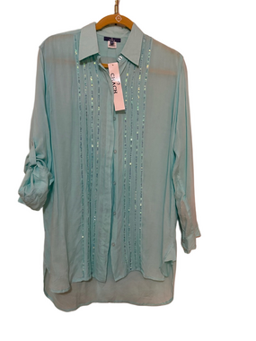 Chach Turquoise Button-Up Sequin Trim Women's Beach Cover Up Tunic NWT
